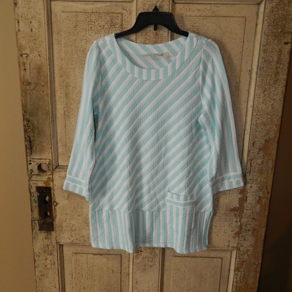 Soft Surroundings Glorieta Tunic, Light Aqua Green Stripe Sz S (DD-44)